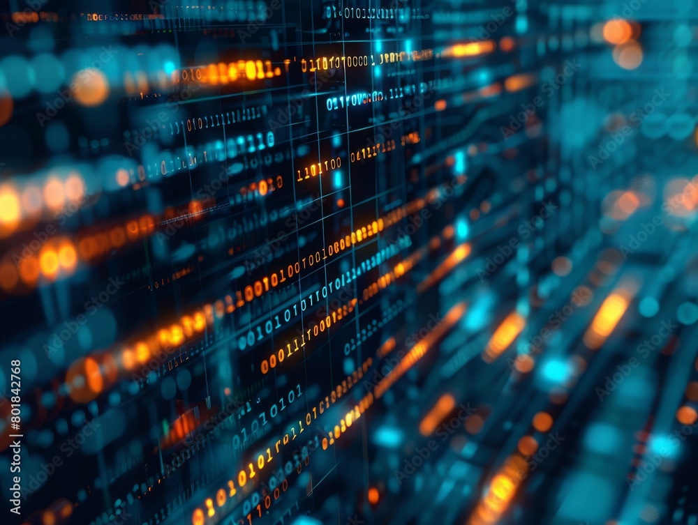 Poster an abstract digital grid with binary code, symbolizing the technology-driven financial world
