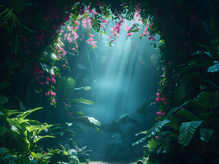 A dense jungle with bright flowers, palm leaves, and foggy lighting.
