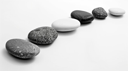 Minimalist black and white design of smooth pebbles arranged in a gentle curve on a stark white background