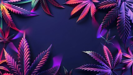 Naklejka premium Design with dark background glossy metallic neon elements and repeated marijuana leaf patterns . Concept Neon Cannabis, Metallic Shine, Dark Background, Repeated Leaf Patterns