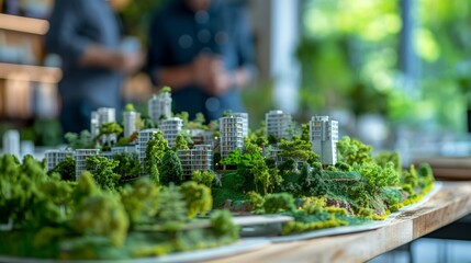 Intricately detailed miniature cityscape model with green trees and modern buildings, depicting urban development and architectural design concepts
