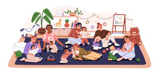 Children with mothers at daycare playroom. Moms play with babies, preschool kids on floor. Mommies group, parents and kindergarten toddlers club. Flat vector illustration isolated on white background