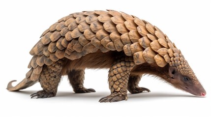 Pangolin standing isolated on white background, showcasing unique protective keratin scales, wildlife conservation, and endangered species concepts - obrazy, fototapety, plakaty