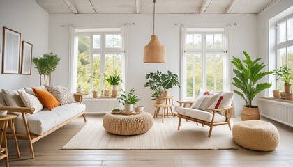 Scandinavian style, White walls, light wood floors, mid-century modern furniture, and pops of pastel colors, ceramic vases, indoor plants, and woven rugs