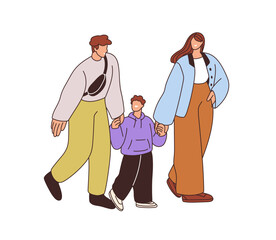 Family walking. Parents and child going together. Mom, dad holding hands with son. Happy mother, father, little boy kid strolling outdoor. Flat vector illustration isolated on white background