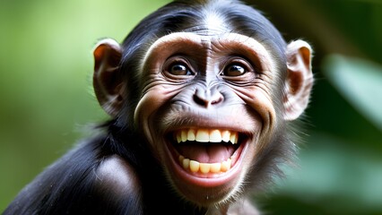 Close up of A baby monkey is smiling and has its mouth open. Concept of joy and happiness