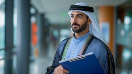 Portrait of a confident Emirati man with traditional attire holding a clipboard, signifying leadership, professionalism, and cultural identity concepts