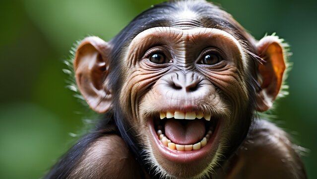 A baby monkey is smiling and has its mouth open. Concept of joy and happiness