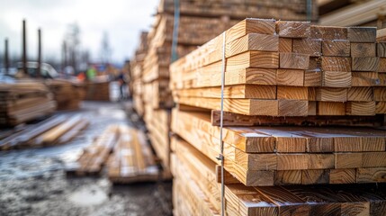 stacks of beech boards in an outdoor lumberyard ready for shipping