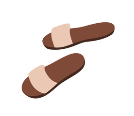 Modern summer slide sandals for women. Open footwear with wide strap. Fashion stylish casual beach shoes, backless design, flat sole. Trendy foot wear. Vector illustration isolated on white background