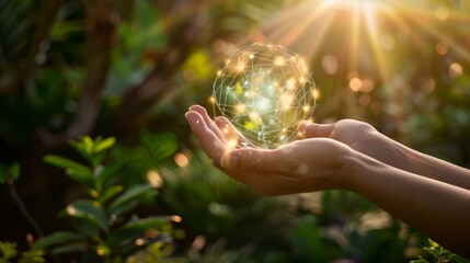 Securely connecting the world: hands holding global network and data on nature background hyper realistic 