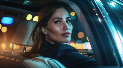 Beautiful businesswoman is commuting from office in a backseat of luxury car at night. Woman in car. copy space for text.