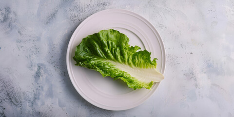 Trying to Lose Weight Single Lettuce Leaf on White Plate Wooden Background