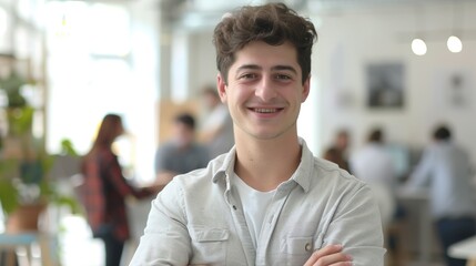Fototapeta premium Happy Small Business Owner Man Posing with Hands Folded - Employees Working in Modern Office Behind. Millennial Male Team Leader at Workplace 