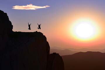 Happy and energetic people enjoying life in nature and mountains