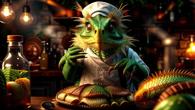 Happy lizard in a chef hat coocking food. Generative AI