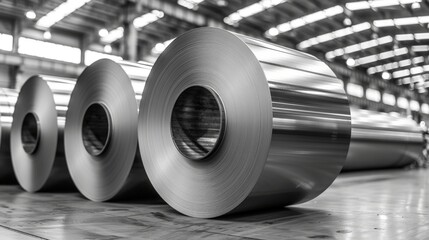 several rolls of folded metal in a factory warehouse