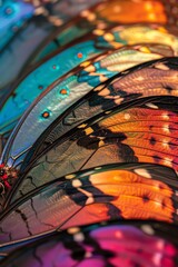 Closeup of a kaleidoscope of butterflies, wings patterned with intricate designs in a spectrum of colors.