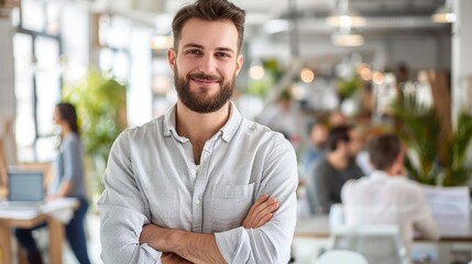 Fototapeta premium Happy Small Business Owner Man Posing with Hands Folded - Employees Working in Modern Office Behind. Millennial Male Team Leader at Workplace 