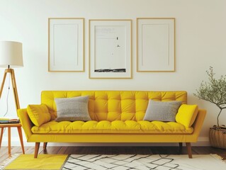 Vibrant yellow sofa against white wall with posters. Scandinavian home interior design of modern living room. 