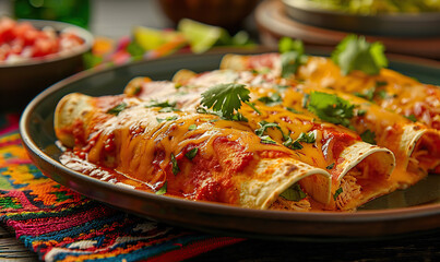 A plate of savory chicken enchiladas topped with melted cheese and fresh cilantro. Generate AI