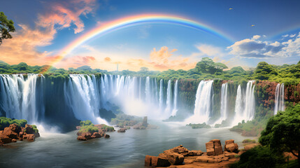A rainbow over a waterfall with a rainbow in the sky picturesque background
 - obrazy, fototapety, plakaty