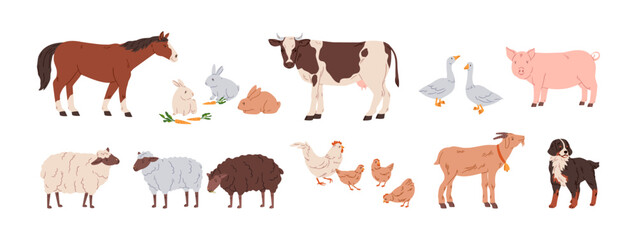Farm animals set. Domestic livestock. Horse, cow, hen and chicken, sheep, goat, pig, rabbits and shepherd dog. Rural countryside fauna collection. Flat vector illustration isolated on white background