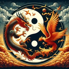 AI Generate A Dragon and Phoenix flying in circle create a yin yang pattern
