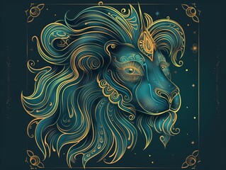 A stylized lion with celestial elements and swirling mane, set against a starry background.