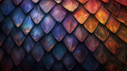 Abstract beautiful background from dragon scales. Colorfull dark rainbow textured tones. Metal scales close up. Background with dark colorfull rhombuses. Neutral dark gradient rainbow background.