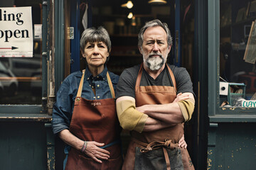 Fototapeta premium A middleaged couple standing in front of the entrance to their small business, wearing aprons and smiling at camera
