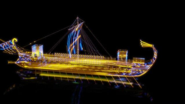 Rendering 3D animation, VISUAL EFFECTS Roman Trireme Model on a black background