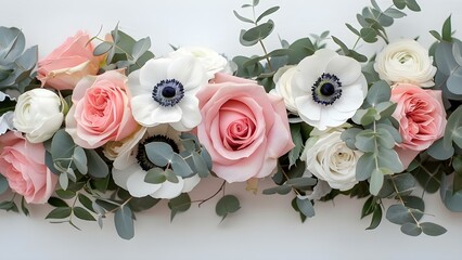 Wedding flower arrangements with pink roses white anemones and eucalyptus leaves. Concept Wedding Flowers, Pink Roses, White Anemones, Eucalyptus Leaves, Floral Arrangements