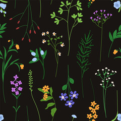 Obraz premium Seamless floral pattern design. Botanical print, summer flowers texture, field background. Meadow herbs, plants, stems, branches. Endless repeating flat vector illustration for wrapping, wallpaper