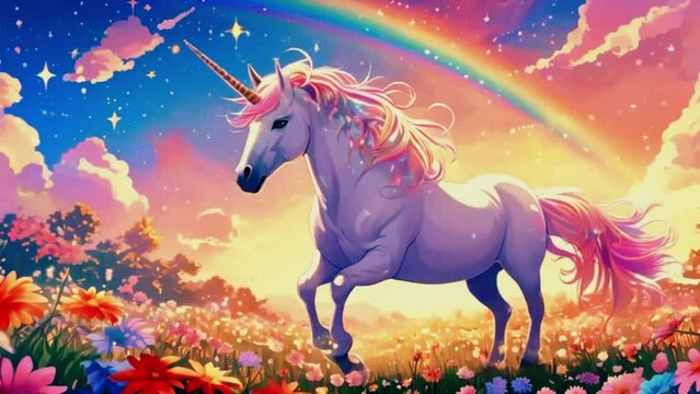 magical unicorn prancing through a field of sparkling flowers under a rainbow sky, 4k High-Quality anime-style animation video