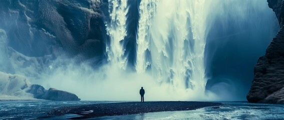 Waterfall , beautiful landscape with waterfall and man standing under the water splash