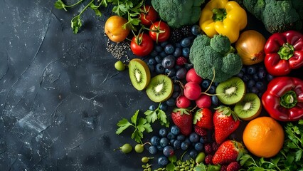 Nutritious fruits and vegetables support human metabolism digestion and overall health. Concept Nutrition, Metabolism, Digestion, Health, Fruits and Vegetables