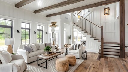 Modern farmhouse interior design featuring wooden staircase in living room . Concept Modern Farmhouse Design, Wooden Staircase, Living Room Decor