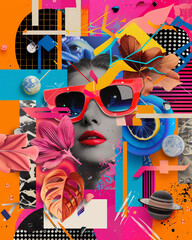 A colorful collage of various images, including a woman with sunglasses and a flower, and a leaf. The collage is a representation of the idea of embracing one's individuality. modern, trendy, fashion