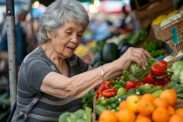Mature woman buying vegetables at farmers market, Generative AI