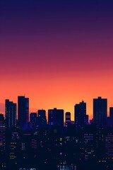 Fototapeta premium A minimalist vector skyline of a city at sunset, composed of silhouetted black buildings against a background gradient of orange to purple