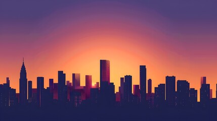 
A minimalist vector skyline of a city at sunset, composed of silhouetted black buildings against a background gradient of orange to purple