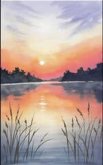 A captivating watercolor masterpiece showcasing a tranquil lake elegantly mirroring the soft shades of a stunning sunset