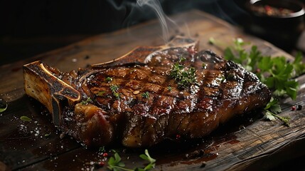 Grill rib steak on metal sheet on cutting board. Image of food. copy space for text.