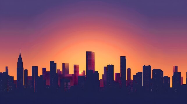 
A minimalist vector skyline of a city at sunset, composed of silhouetted black buildings against a background gradient of orange to purple