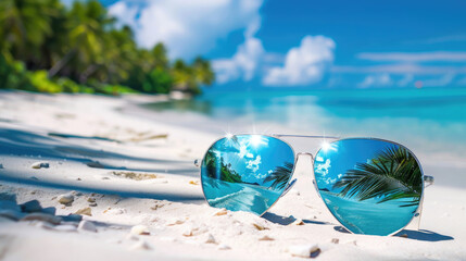 Obraz premium Close-up of Sunglasses Reflecting Tropical Shoreline