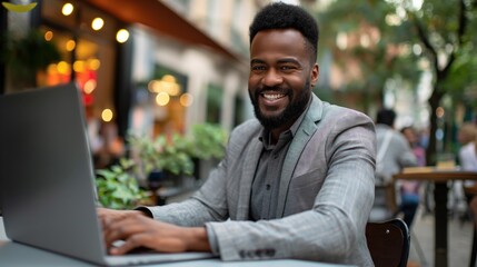 African-American businessman using laptop at outdoor cafe, concept of mobile office and modern entrepreneurship