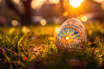 An Easter Egg Rests on the Lawn, Illuminated by the Golden Evening Sun, Celebrating Easter