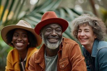 African american couple with a senior woman in a hat smiling and looking at the camera