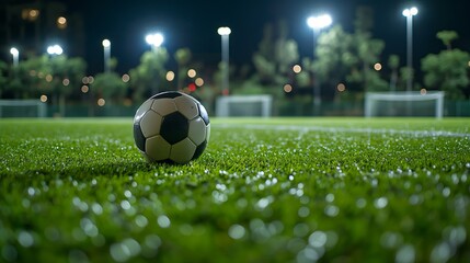 Soccer ball on a wet field under night lights, capturing the essence of evening sports and soccer match anticipation, Concept of sportsmanship and outdoor recreational activities